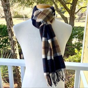 Royal Spayside 100% Lambswool Scarf. Made in Scotland. Tan/blue.